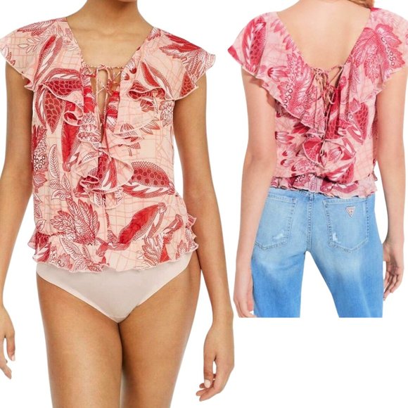 Guess Tops - Guess Everly Bodysuit Pink V-Neck Top Lace Up Detail Ruffles Women's XL NEW